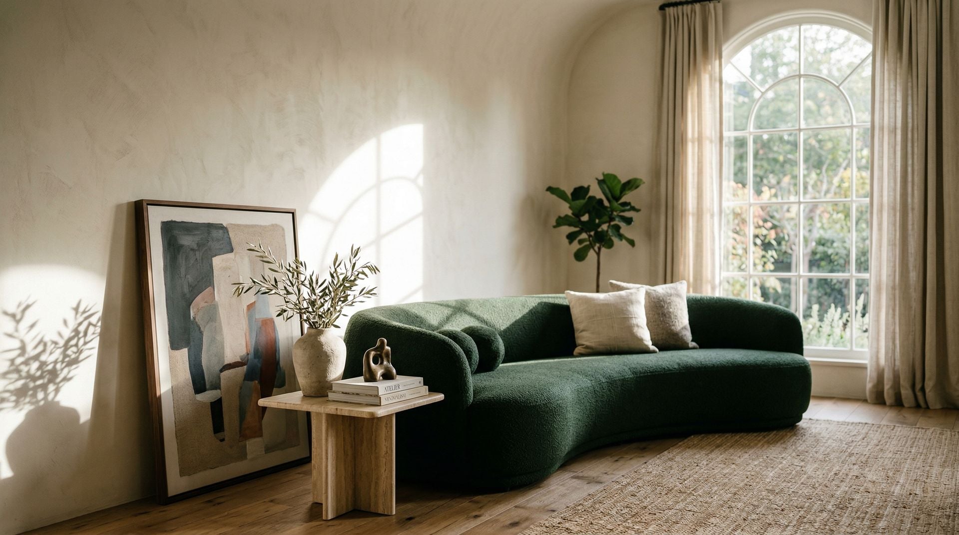 Curved green sofa in a refined interior space